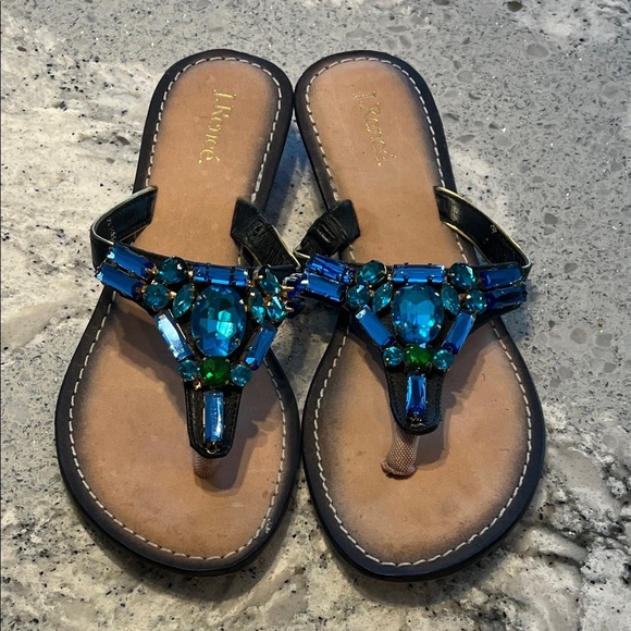 J.Renee Black Sandals with Teal and Green Embellishments - Picture 1 of 8